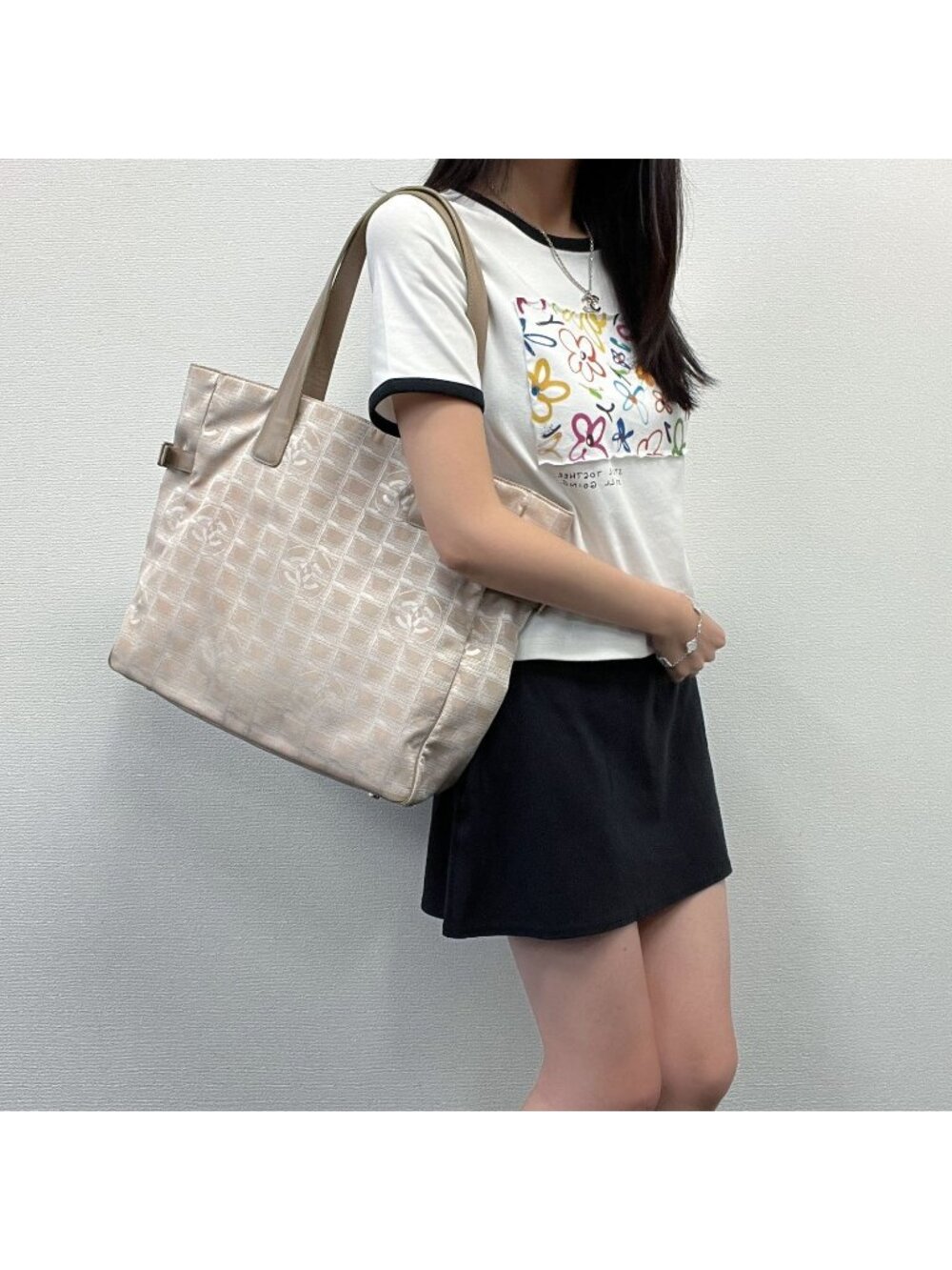 Chanel New Travel Line Tote Bag MM Nylon Canvas Beige Gold Vintage